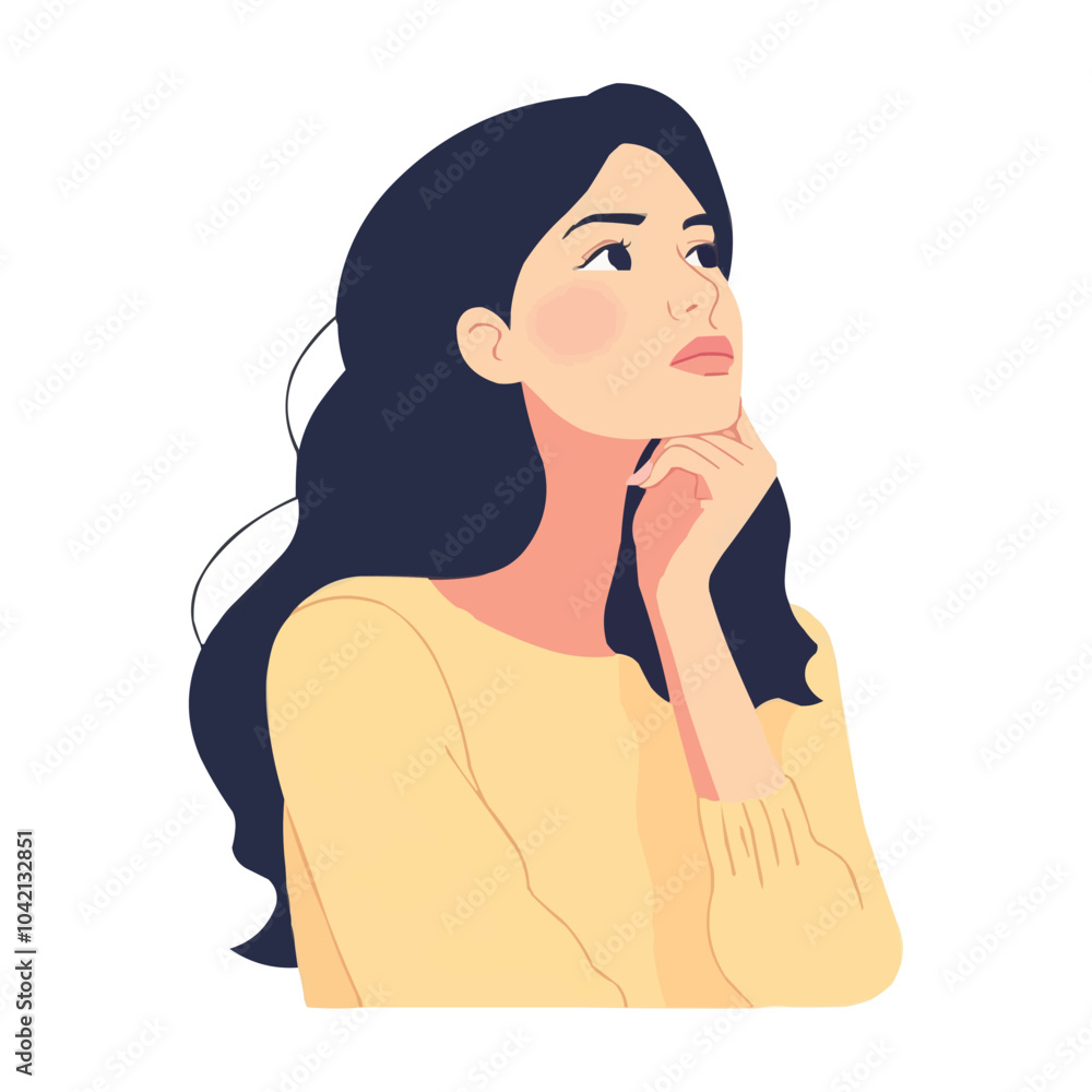 Vector illustration of an adult woman thinking with her hand on her chin Vector illustration of an adult woman thinking with her hand on her chin