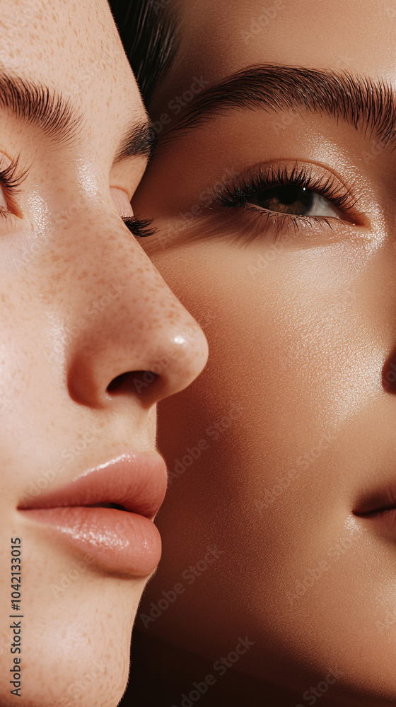 Obraz premium Multi-ethnic beauty and friendship. Group of beautiful different ethnicity women on background, Diversity, beauty and portrait of women from above with smile, self love and solidarity in studio. 