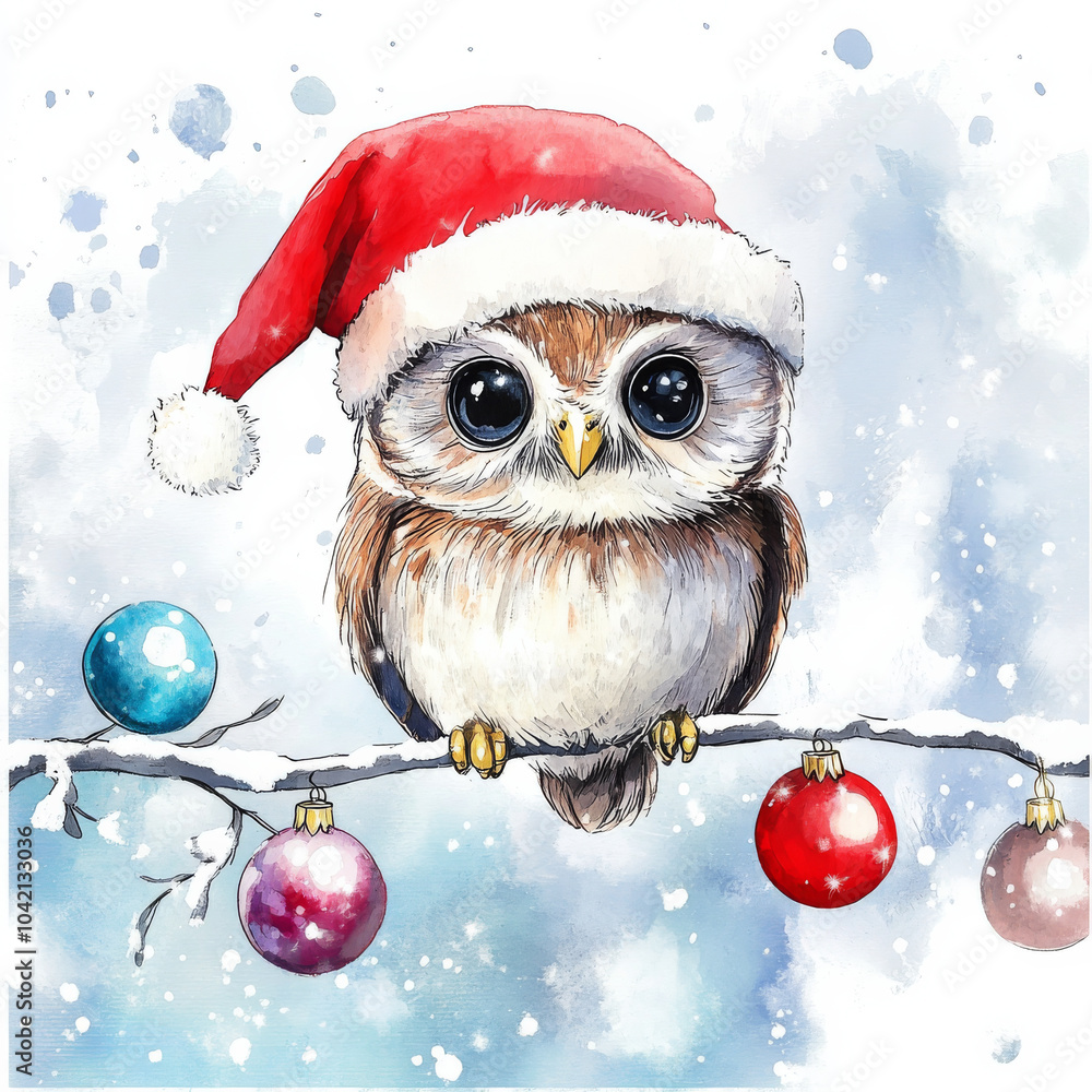 A cute watercolor owl wearing a red Santa hat, perched on a snowy branch with Christmas baubles hanging around. The hand-drawn illustration is perfect for a festive holiday greeting card or winter A cute watercolor owl wearing a red Santa hat, perched on a snowy branch with Christmas baubles hanging around. The hand-drawn illustration is perfect for a festive holiday greeting card or winter