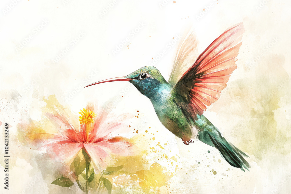Fototapeta premium A hand-drawn watercolor illustration of a colorful hummingbird hovering over a flower, its feathers shimmering in shades of green, blue, and pink. This tropical bird is isolated against a white