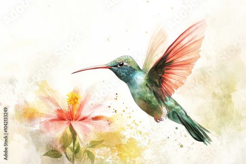 A hand-drawn watercolor illustration of a colorful hummingbird hovering over a flower, its feathers shimmering in shades of green, blue, and pink. This tropical bird is isolated against a white