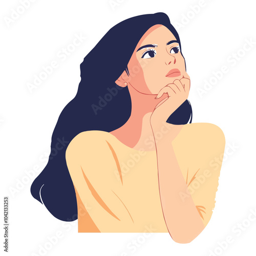 Vector illustration of an adult woman thinking with her hand on her chin