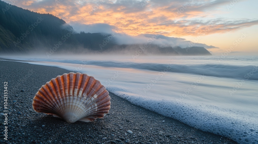 Shell on Beach at Sunset with Dramatic Clouds Shell on Beach at Sunset with Dramatic Clouds