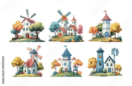 Countryside barns windmills cartoon vector set. Wooden stone silo farmhouses rural medieval warehouses, magical old tiny buildings storehouses, kid graphic isolated illustrations on white backdrop