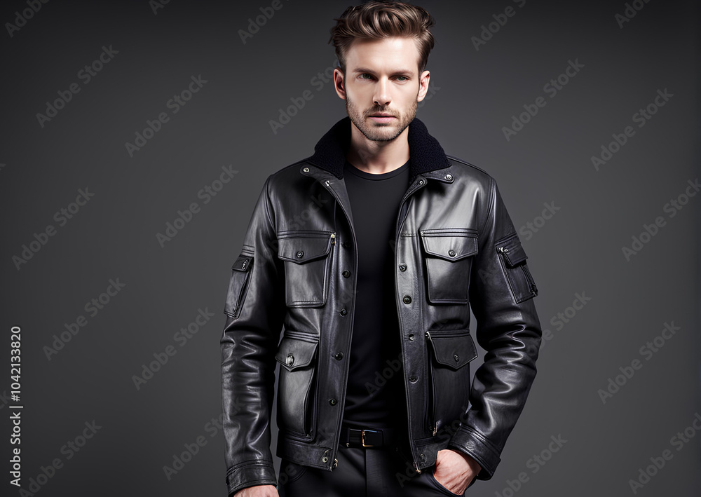 Fototapeta premium Heavy-Duty Black Leather Cargo Jacket with Modern Pockets