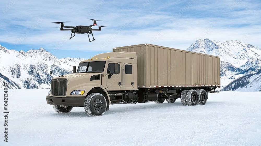 Fototapeta premium A military truck traverses rugged terrain as a drone surveys the battlefield under a vibrant blue sky with scattered clouds
