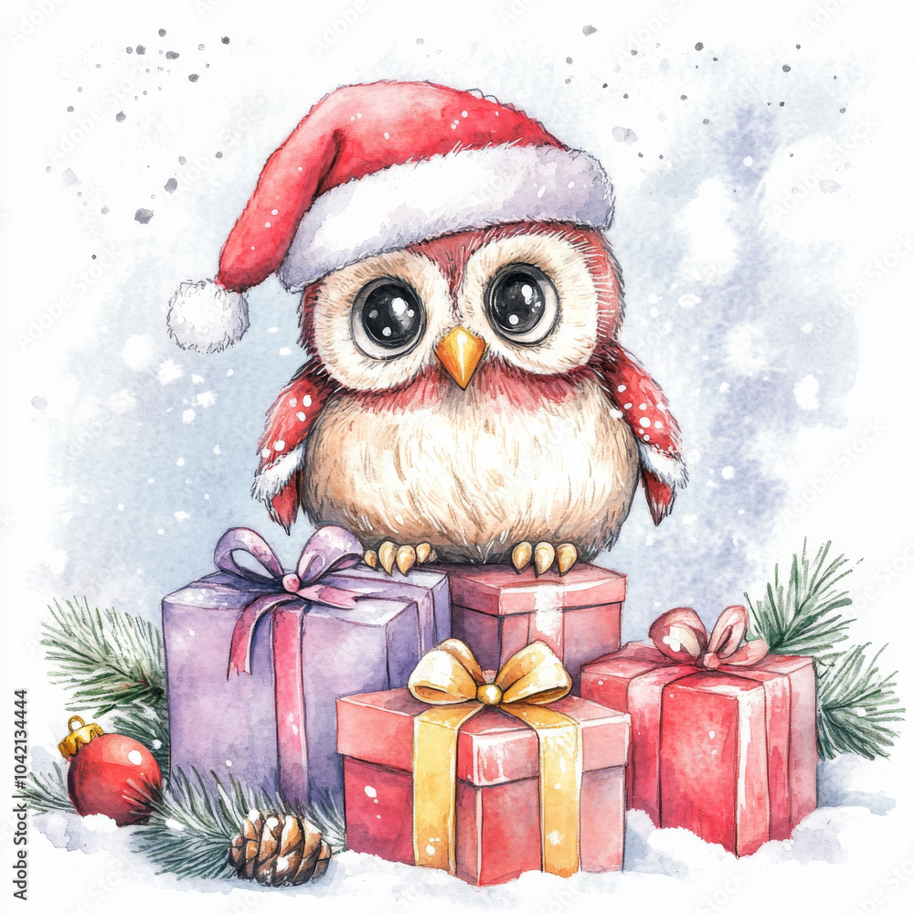 A sweet watercolor illustration of an owl in a Santa hat, sitting beside a pile of Christmas gifts and decorations. The hand-drawn design with soft winter colors creates a cozy scene for a Christmas A sweet watercolor illustration of an owl in a Santa hat, sitting beside a pile of Christmas gifts and decorations. The hand-drawn design with soft winter colors creates a cozy scene for a Christmas