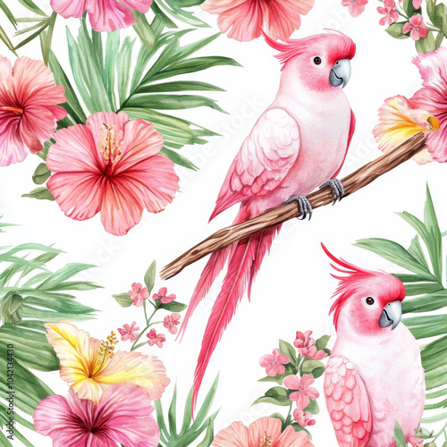 A beautiful watercolor seamless pattern with pink cockatoos, tropical palm leaves, and colorful flowers. The tropical birds and lush flora create an exotic, playful design perfect for summer decor or