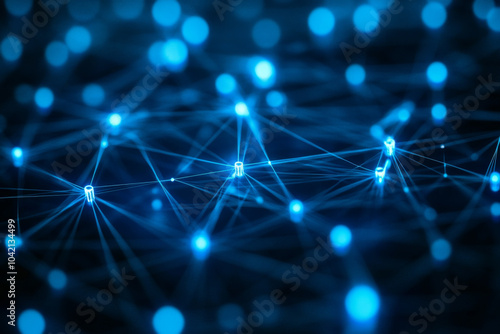 visually captivating representation of interconnected nodes in a digital network, illuminated by vibrant blue lights.