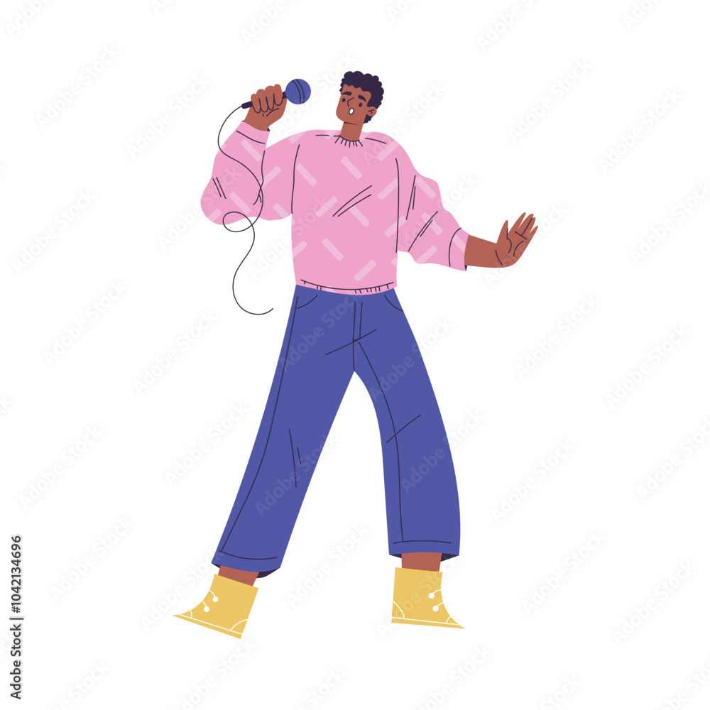 Man Character Singing with Microphone Enjoy Karaoke Vector Illustration Man Character Singing with Microphone Enjoy Karaoke Vector Illustration