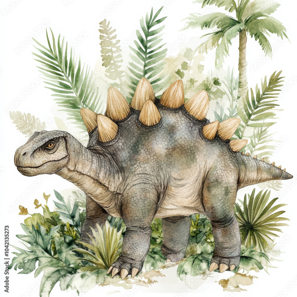 Fototapeta premium A beautifully illustrated watercolor of a stegosaurus in a prehistoric setting, with lush greenery and palm fronds in the background. This hand-drawn clipart is perfect for educational materials and