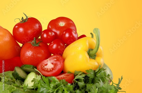 Fresh organic ripe fruits and vegetables on the desk