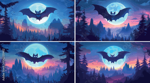 Cute midnight bat cartoon vector concepts. Flying tiny fox webbed open wings soaring little vampire, dark animal hunter creature, full moon night forest horizon landscape illustrations