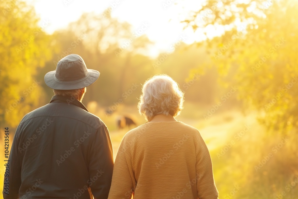 Elderly couple walks together in serene nature