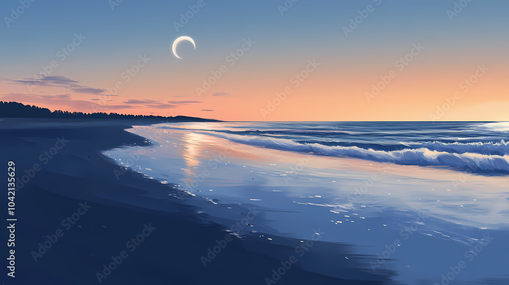 A serene beach scene at twilight with a crescent moon reflecting on the water. Crescent Moon Beach. Illustration A serene beach scene at twilight with a crescent moon reflecting on the water. Crescent Moon Beach. Illustration
