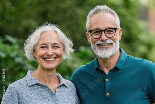 Happy senior couple standing together outdoors, smiling