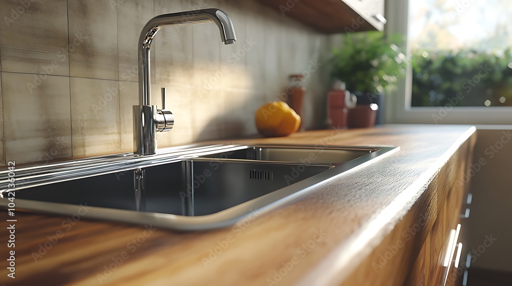 A close-up of a stainless steel kitchen sink with a chrome faucet. The sink is set into a wooden countertop with a window and green plants visible in the background. A close-up of a stainless steel kitchen sink with a chrome faucet. The sink is set into a wooden countertop with a window and green plants visible in the background.