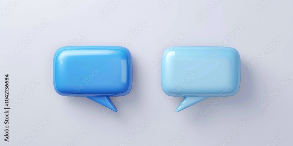 Two blue 3D speech bubbles on a light background facing each other. Concept of communication and conversation. For graphic design projects. Two blue 3D speech bubbles on a light background facing each other. Concept of communication and conversation. For graphic design projects.