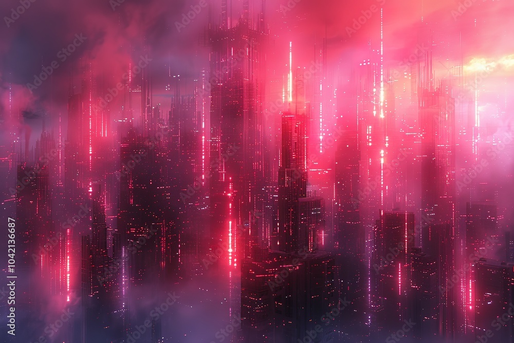 A cityscape with pink buildings and neon lights A cityscape with pink buildings and neon lights