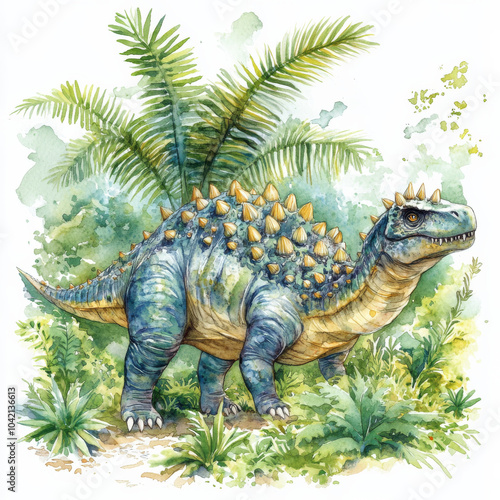 A vibrant watercolor depiction of an ankylosaurus wandering through a lush prehistoric landscape filled with palm fronds and ferns. This hand-drawn clipart is ideal for children's educational photo