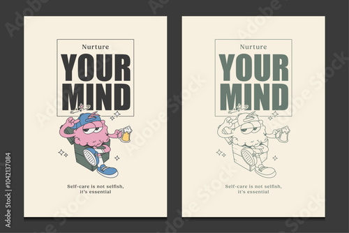 retro 70s poster with a mental health theme, vector illustration