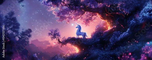 A tiny unicorn perched on the branch a giant glowing tree