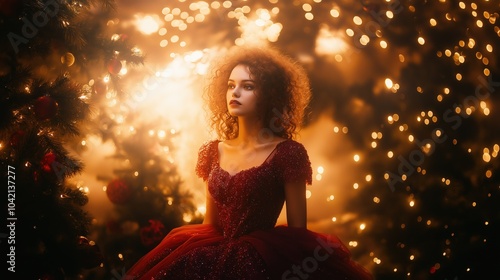 A woman in a stunning burgundy dress illuminated by soft lighting during a festive New Year celebration