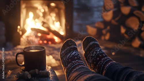 A person wearing cozy socks with patterns is sitting by the fireplace, sipping on hot cocoa while they warm up their feet in front of it.