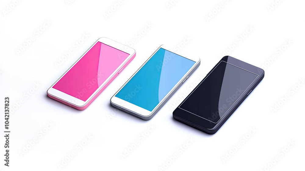 Modern smartphones in varying colors arranged on a plain white background, showcasing sleek design and vibrant screens, isolated on white background Modern smartphones in varying colors arranged on a plain white background, showcasing sleek design and vibrant screens, isolated on white background