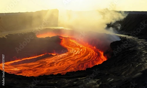 Close-up with bright, early morning light: The camera starts with a close-up of a magma chamber beneath a caldera. Bright, early morning light highlights the magma’s movement and the caldera’s structu