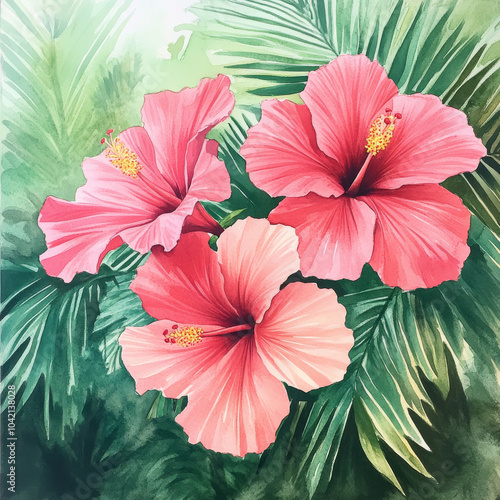 A vibrant watercolor bouquet featuring tropical hibiscus flowers in shades of pink and red, surrounded by lush green palm leaves. The hand-painted floral arrangement evokes a paradise vibe, ideal for