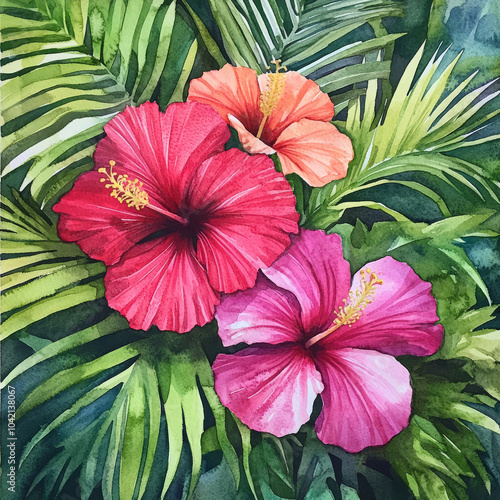 A vibrant watercolor bouquet featuring tropical hibiscus flowers in shades of pink and red, surrounded by lush green palm leaves. The hand-painted floral arrangement evokes a paradise vibe, ideal for