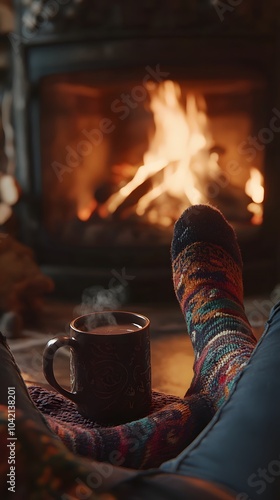 A person wearing cozy socks with patterns is sitting by the fireplace, sipping on hot cocoa while they warm up their feet in front of it.