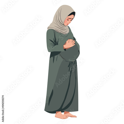  An elderly woman wearing a hijab, suffering from stomach pain