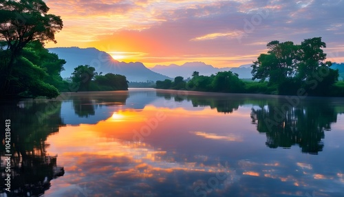 A serene river water scene at sunrise, with the sunlight reflecting on the calm surface, surrounded by lush green trees and mountains in the background.