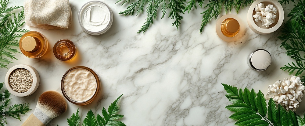Flat lay of natural beauty products on a marble background. Flat lay of natural beauty products on a marble background.
