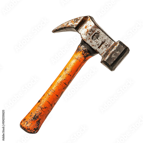 A weathered hammer with an orange handle on a white isolated background, showcasing the tool's functionality and durability. photo