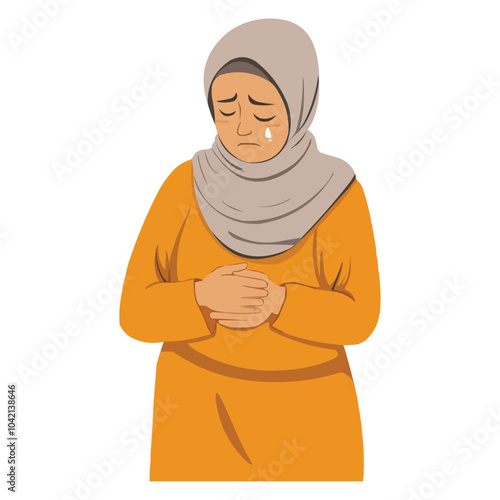 An elderly Malay woman wearing a hijab, experiencing stomach pain