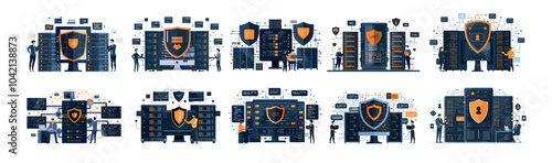 Ddos invade attack data protection cartoon vector set. Shield server racks hardware suit man back view character, security information vault defense center cyber hosting storage isolated