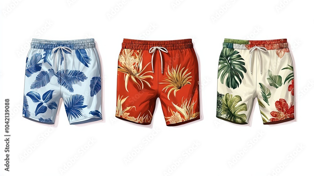Men's swim trunks collection featuring vibrant patterns for summer beach activities, isolated on white background Men's swim trunks collection featuring vibrant patterns for summer beach activities, isolated on white background