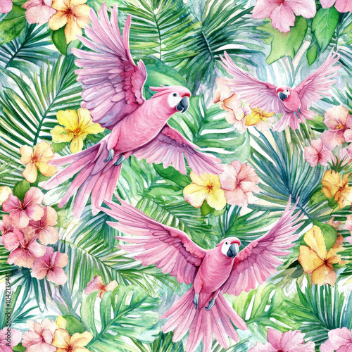 A lively seamless pattern of pink cockatoos flying among tropical palm leaves and exotic flowers. The watercolor design highlights the beauty of the parrots and vibrant flora, creating a lush tropical photo