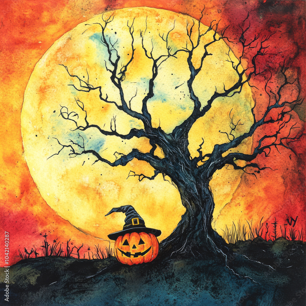 A vibrant watercolor Halloween poster featuring a spooky black tree and a large, luminous moon in the background. At the foot of the tree sits a cheerful pumpkin wearing a witch hat, creating a fun A vibrant watercolor Halloween poster featuring a spooky black tree and a large, luminous moon in the background. At the foot of the tree sits a cheerful pumpkin wearing a witch hat, creating a fun