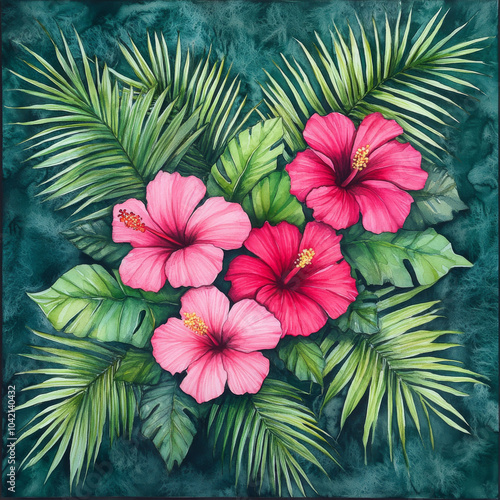 A vibrant watercolor bouquet featuring tropical hibiscus flowers in shades of pink and red, surrounded by lush green palm leaves. The hand-painted floral arrangement evokes a paradise vibe, ideal for