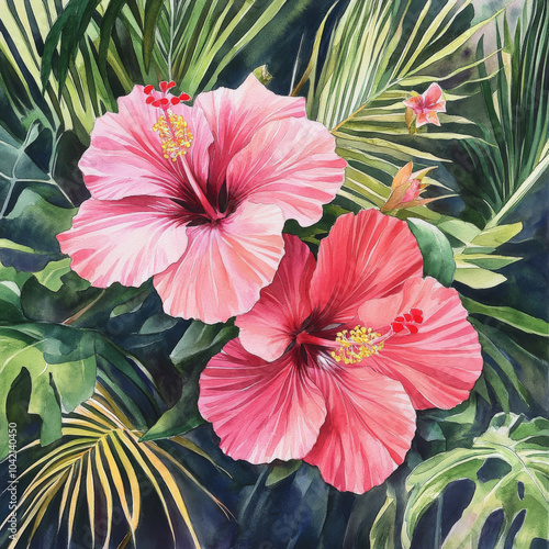 A vibrant watercolor bouquet featuring tropical hibiscus flowers in shades of pink and red, surrounded by lush green palm leaves. The hand-painted floral arrangement evokes a paradise vibe, ideal for