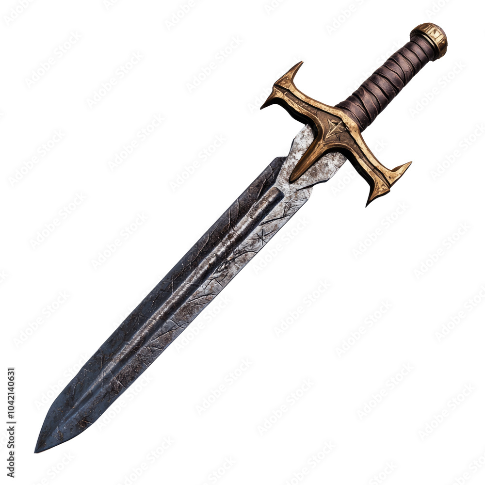 Detailed sword with intricate design and weathered blade, isolated on a white background. Detailed sword with intricate design and weathered blade, isolated on a white background.