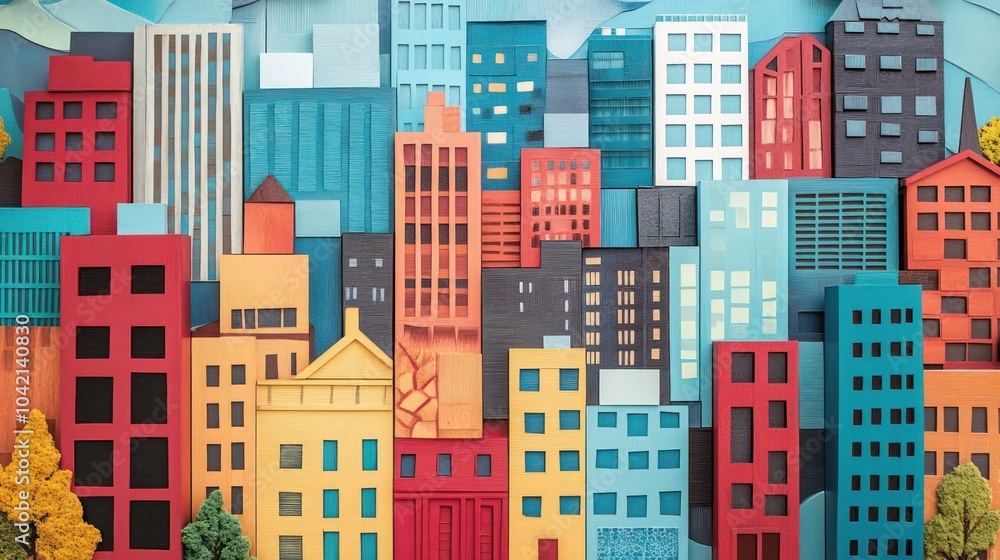 A colorful paper cityscape with various buildings in different shapes and sizes. A colorful paper cityscape with various buildings in different shapes and sizes.