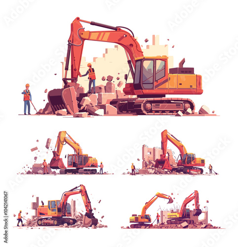 Devastating demolition building cartoon vector scenes. Excavator uniform builders characters bulldozer concrete walls destroying, staff personnel heavy machinery removing houses stone remains