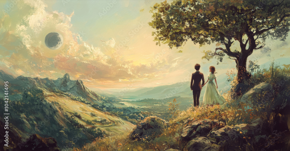 Obraz premium Couple admiring scenic sunset landscape with surreal sky and black sun