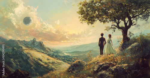 Couple admiring scenic sunset landscape with surreal sky and black sun