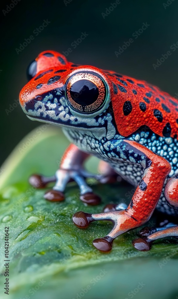 Red and blue poison dart frog on a leaf. Red and blue poison dart frog on a leaf.